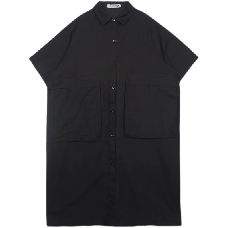 

New Male Black Short Sleeve Shirts Men Women Couple Japan Korea Streetwear Vintage Loose Casual Big Pocket Long Dress Shirt