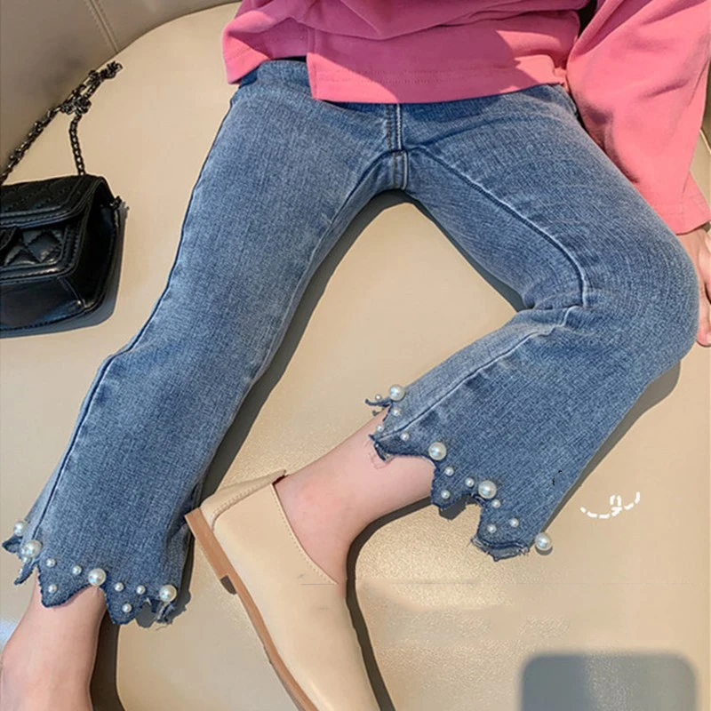 Джинсовые брюки для девочек, на возраст 2-6 лет, с жемчугом