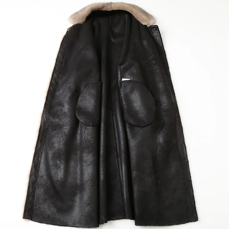 Fashion Mink Collar Coat Sheepskin Black Winter Luxury Long Loose Thick Warm Real Fur Office Wool Overcoat High Quality Outwear