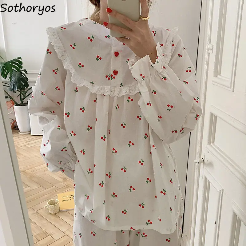 

Sweet Print Long Sleeve Pajama Sets Women Loose Elegant Young Fashion Homewear Gentle Tender Spring Lace Cherry Fairy Nightwear