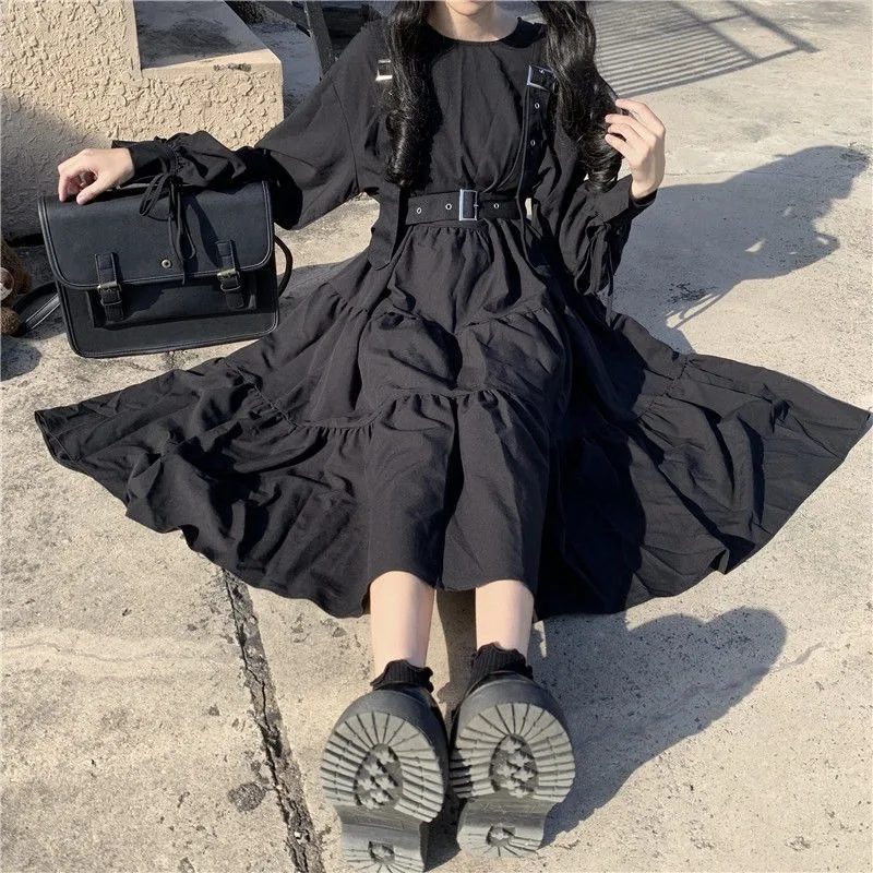 

QWEEK Gothic Style Dress Women Harajuku Gothic Lolita Kawaii Dress Punk Cute Long Sleeve Black Midi Dress 2021 Emo Mall Goth