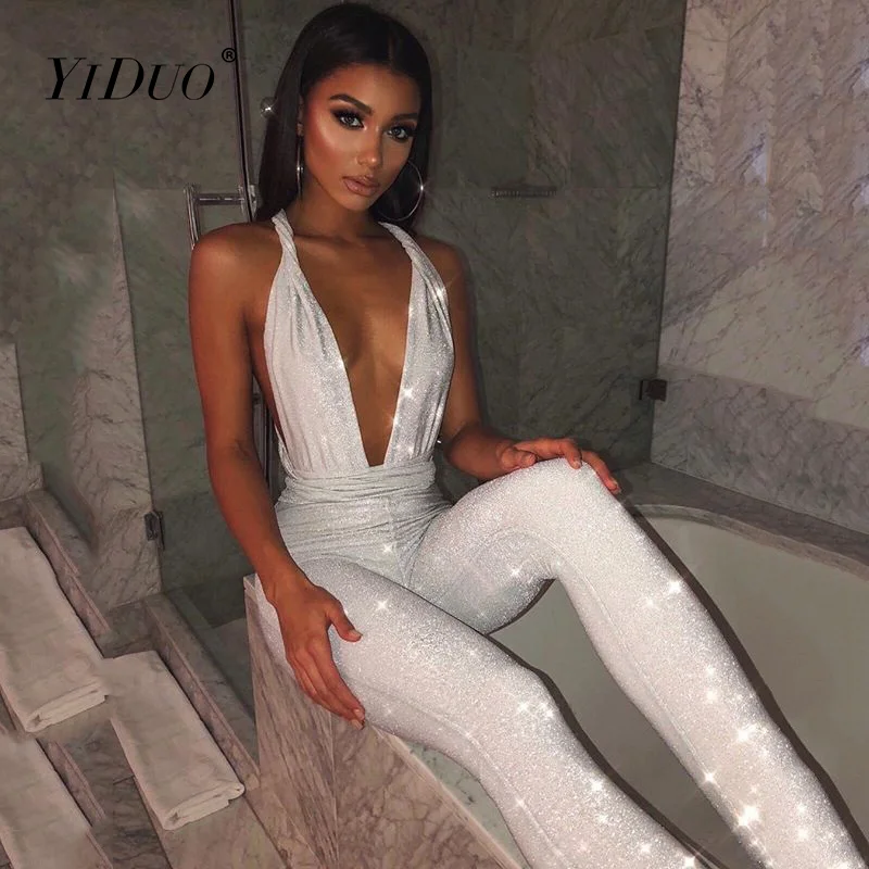 

YiDuo Shiny Deep V Neck Backless Bandage Rompers Womens Slim Sleeveless Club Bodycon Overalls Sexy Bling Silver Party Jumpsuit