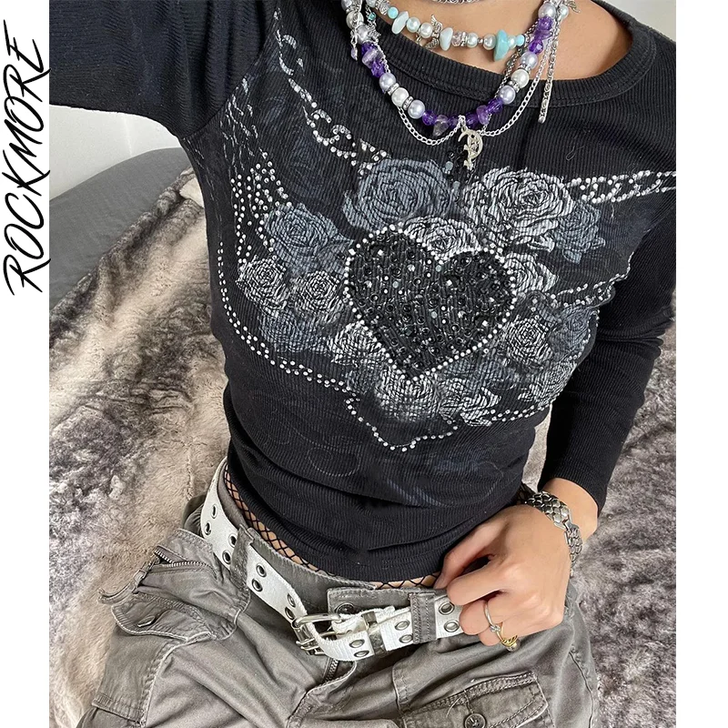 

Rockmore Rhinestone Print Knitted T-Shirt Y2K Harajuku Long Sleeve Tops Women Gothic Casual Basic O-Neck Graphic Tee Streetwear