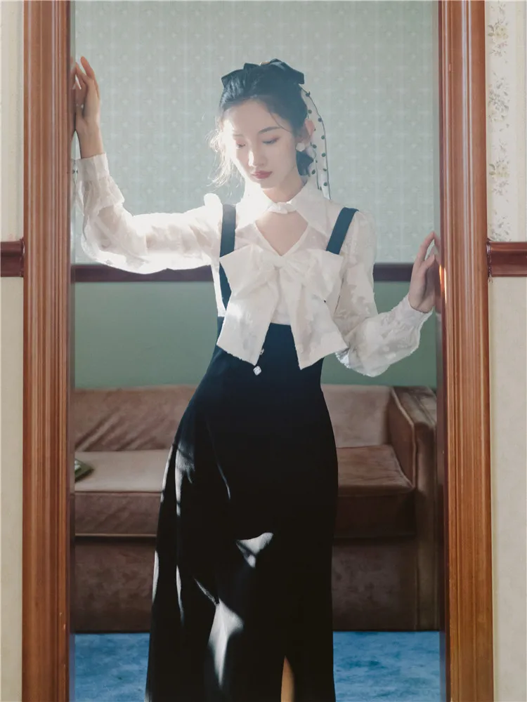 

Korean Fashion Women Outfits Vintage Bow White Shirt Lady Tops & Black Tank Dress For Elegant Lady Suits Modern Matching Sets