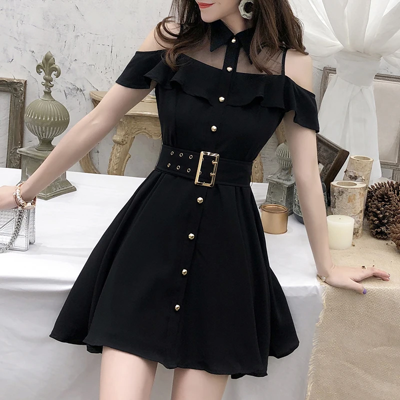 Женское однобортное платье-рубашка стильное милое черное Короткое мини-платье с