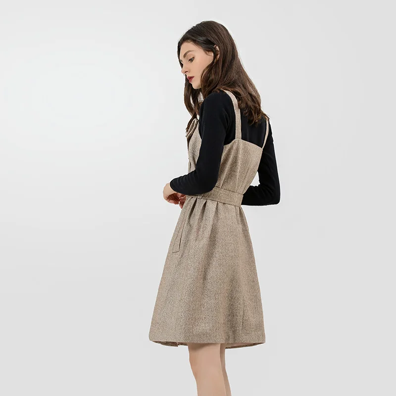 CMAZ Элегантное осенне зимнее повседневное изящное платье на пуговицах с поясом.