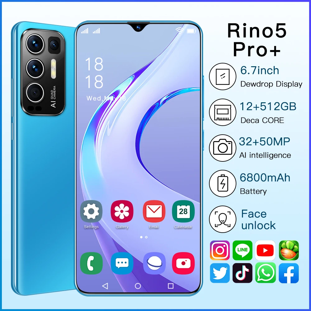 

Сотовый телефон 6,7 дюйма Rino5 Pro + 32 + 50 Мп Carema 4G/Φ 12 ГБ 512 ГБ Cмартфон аккумулятор 6800 мАч смартфон с двумя SIM-картами