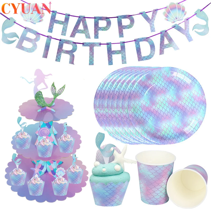 Русалки вечерние посуда Бумага чашек пластины Русалка 1st Happy День рождения