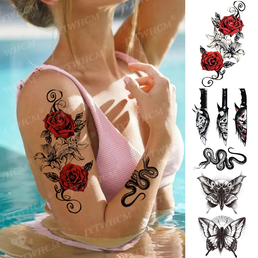 

Rose Big Picture Temporary Tattoos For Women Waterproof Fake Tattoos Snake Forearm Flowers Butterfly Body Art Tattoo Imitations