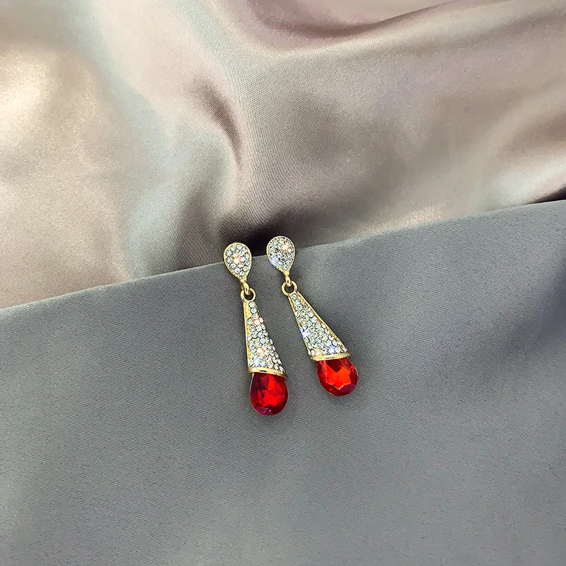 DREJEW синие красные циркониевые Стразы эффектные Висячие серьги корейские длинные