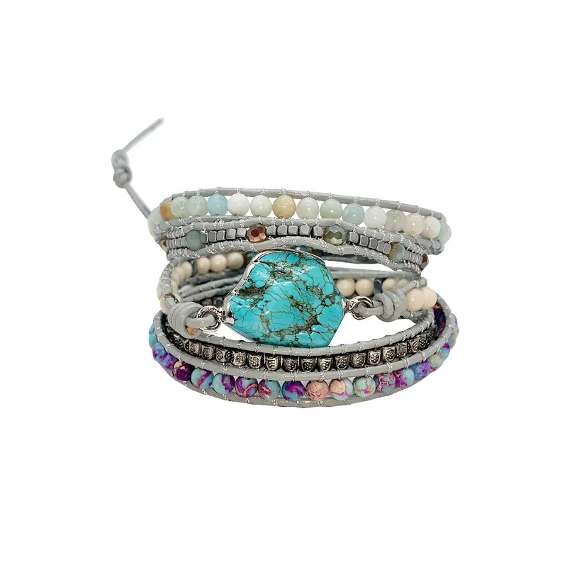 

Turquoise Hand-woven Boho Leather Bracelet Natural Stone Luxury Design Ladies Charm Wrap Bracelet