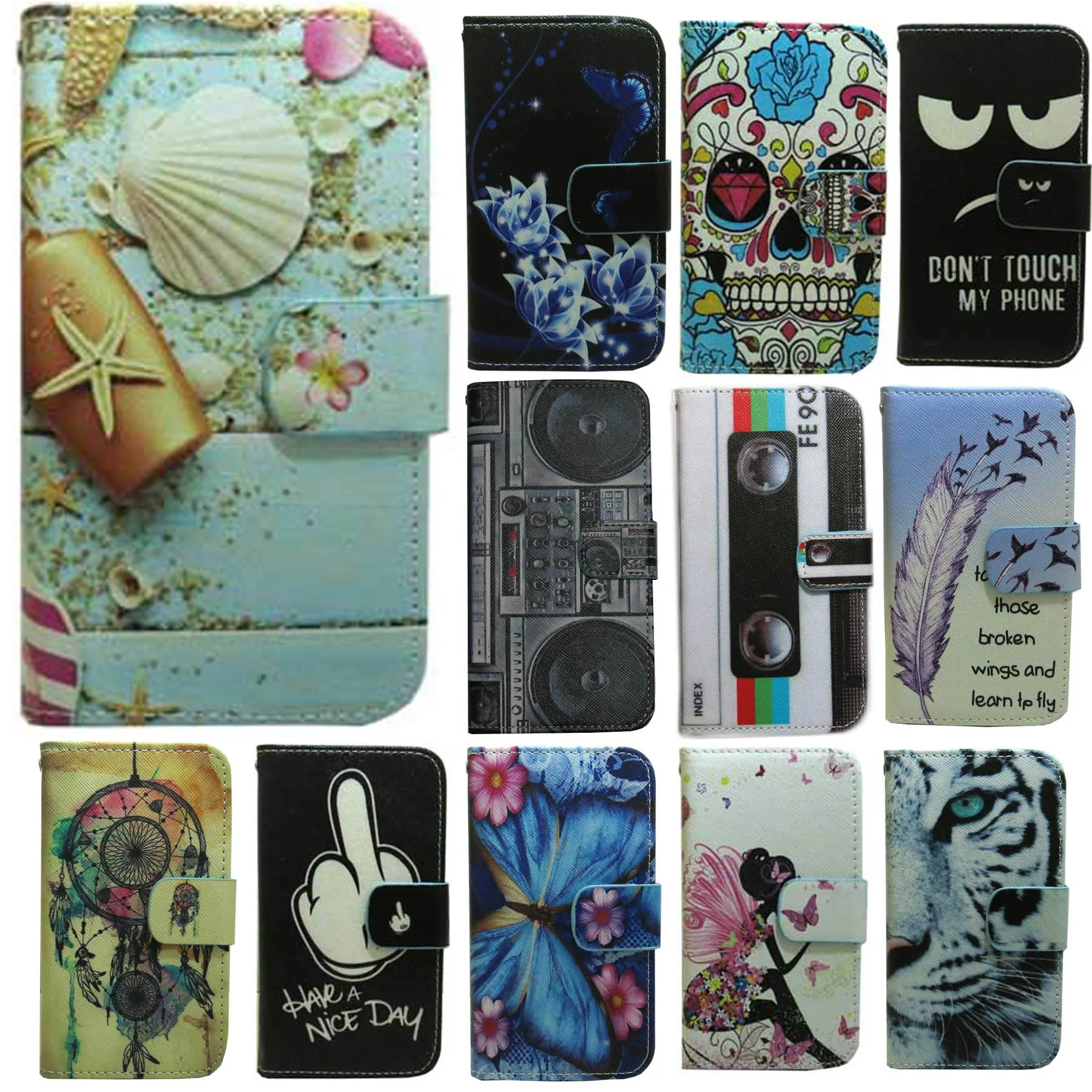 Чехол-книжка с рисунком бабочки девушки цветов черепа кошки собаки совы божьей