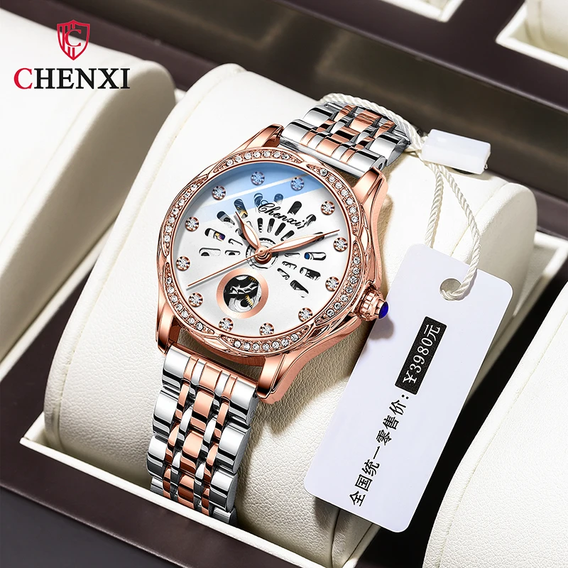 Fashion CHENXI ladies watch red leather watch automatic mechanical watch simple rose gold ladies waterproof hollow watch