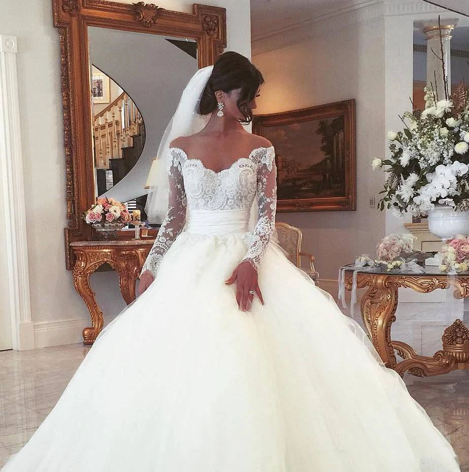 

Женское свадебное платье из тюля, элегантное белое платье трапециевидной формы с V-образным вырезом и длинными рукавами, бальное платье до п...