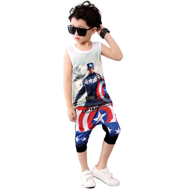 

2021 new children's clothing summer boy print middle and small kids casual sleeveless top + shorts suit European style BT01