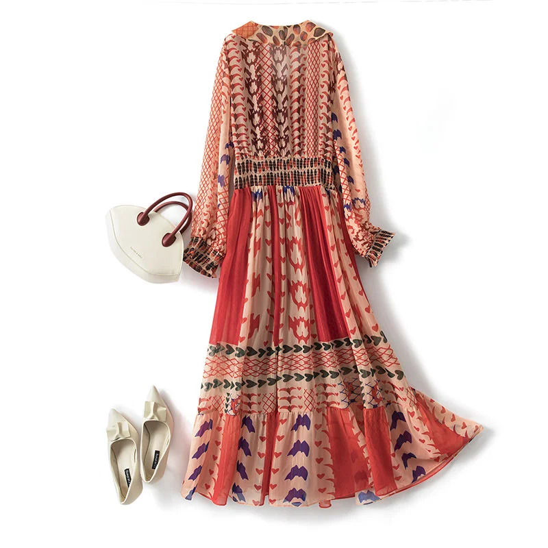 

Женское шифоновое платье с длинным рукавом, повседневное свободное шифоновое платье с геометрическим принтом, весна-лето 2021