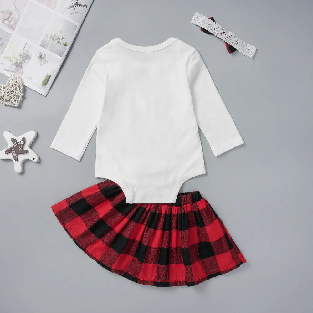 

Newborn Baby Romper Set Girls Christmas Costume Letter Print Bodysuit+Plaid Tutu Skirt+Headband Toddler 3Pcs Outfits Clothes