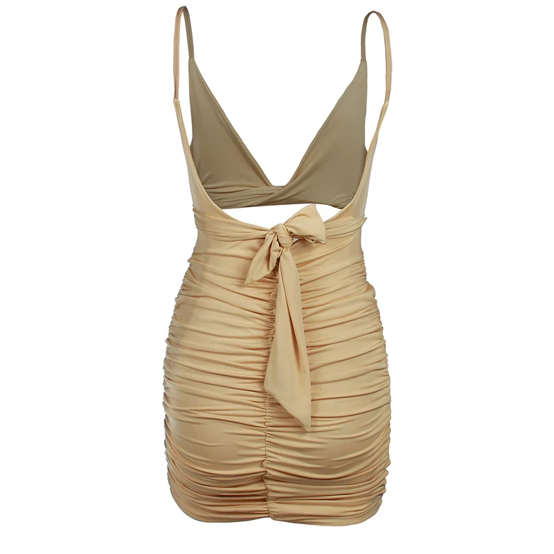 

Pleated Mini Dress Women Summer Hot Sexy Party Clubwear Drawstring Backless Buttocks Dress