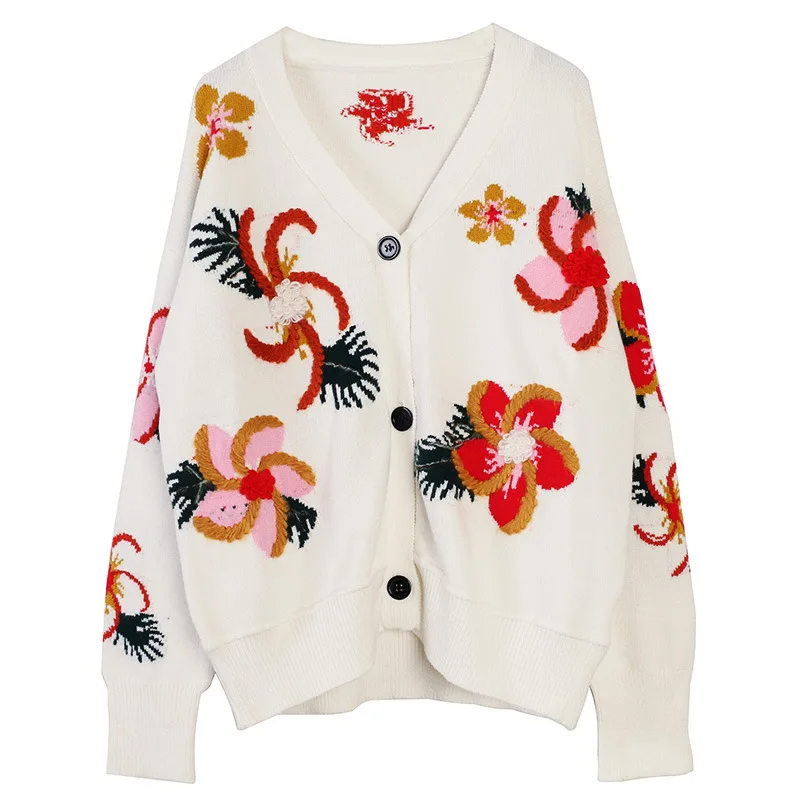 

Shuchan Women's Sweater with A Pattern Embroidery Floral Prairie Chic V-Neck Cardigans Single Breasted Knit Sweater Women 10968