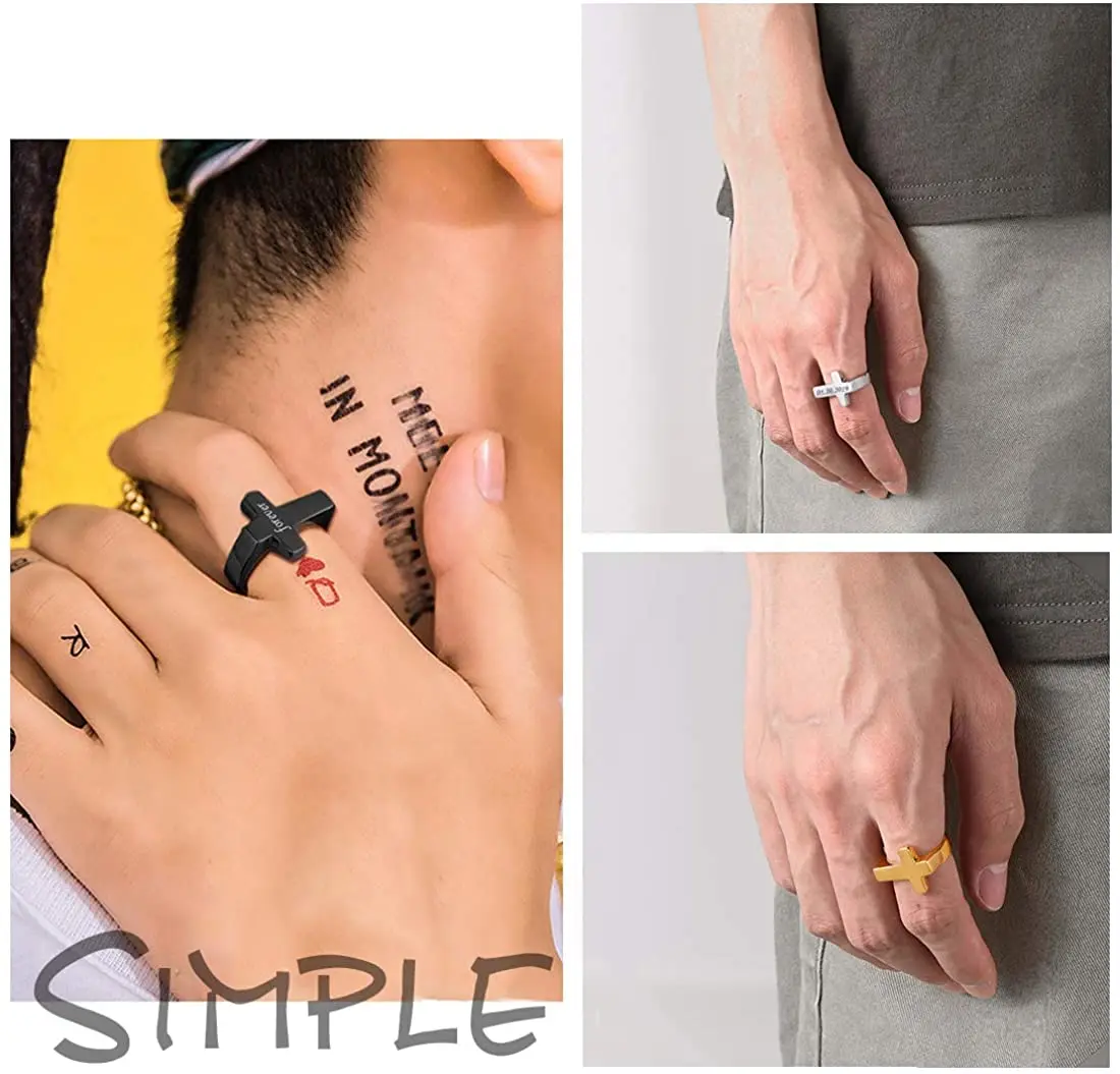 U7 Men Rings Statement Signet Cross Band Ring Gold Color Solid Polished Biker Rings Custom Message Text