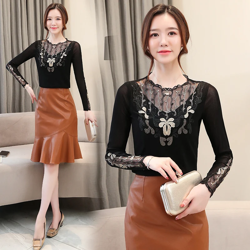 

Make new autumn gauze render long-sleeved female low collar lace inside take fashionable western style small unlined upper garme