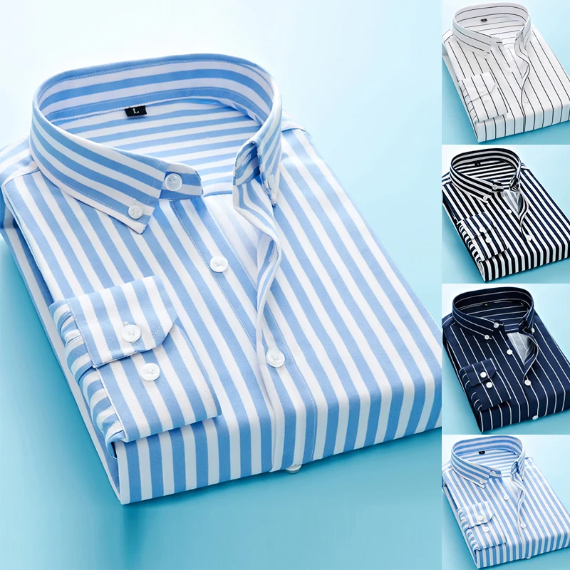 

Long Sleeve Formal Men's Striped Dress Shirts Social Turn-down Collar With Pocket Regular Fit Business Male Smart Casual Shirt