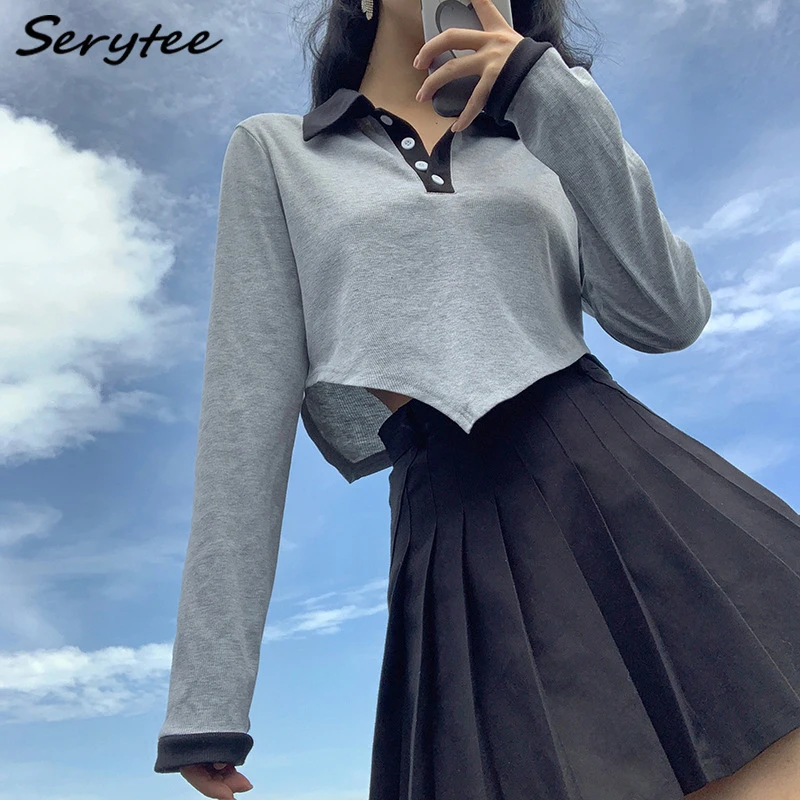 

Женские Асимметричные футболки Serytee с отложным воротником и длинным рукавом, осень 2021, повседневные свободные укороченные топы, уличная оде...