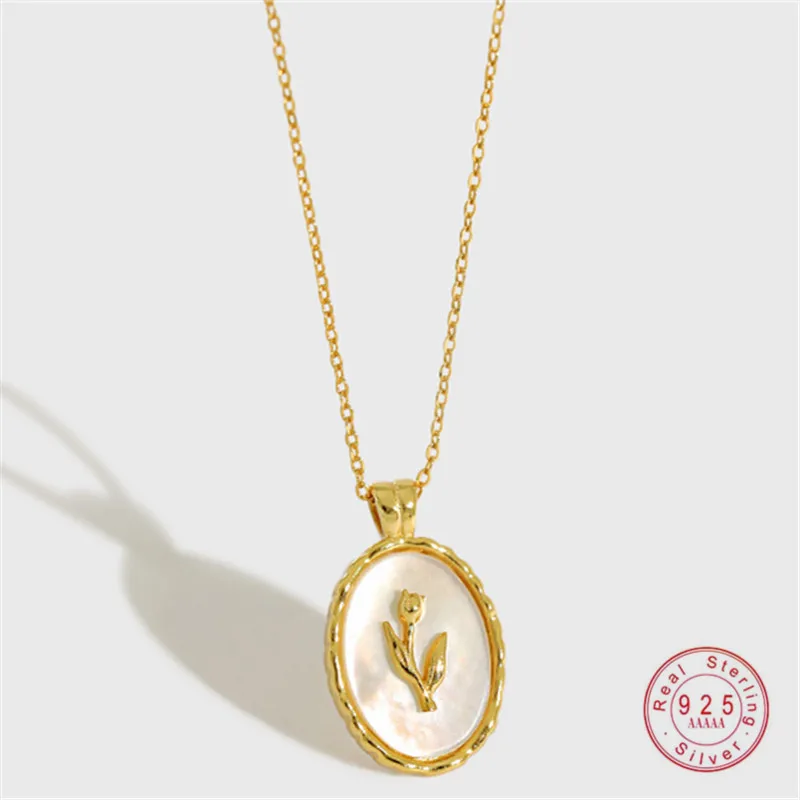 

HI MAN Korean Version INS Geometric Oval Tulip Shell S925 Sterling Silver Pendant Necklace Women Simple Wild Jewelry
