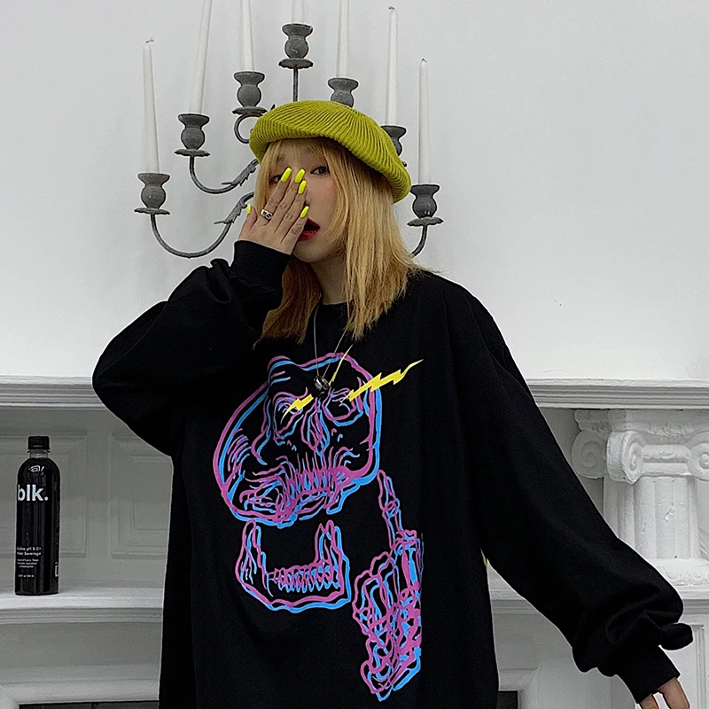 Skull Print Harajuku Hoodie Sweatshirt Casual Hoodies Women Oversized Polyester Cotton Winter Coat Halloween Long Sleeve V557