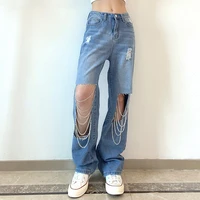 women mop jeans 2021 new personalized street style chain ripped denim trousers high waist hole sexy loose daddy pants casual