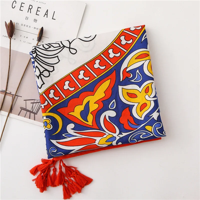 2020 шарф женский этнический дизайн Синий принт красный кисточка Осень Зима Глушитель повязка на голову