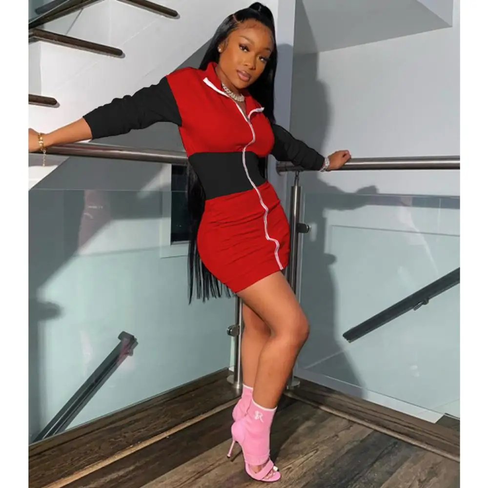 

Women Contrast Color Patchwork Mini Dress Female Stand Collar Zipper Full Sleeve Slim Waist Bodycon Dresses 2020 Autumn
