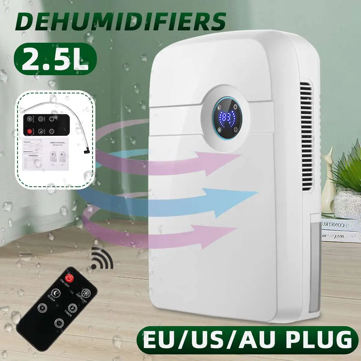 

2500ML Electric Dehumidifier Air Dryer Purifier Remote Control Multifucntion Home Mute LED Screen Double Drainage System EU Plug