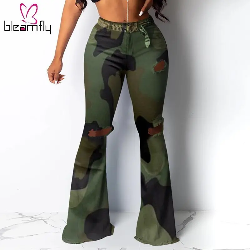 Повседневные расклешенные камуфляжные штаны для женщин с принтом рваные модные