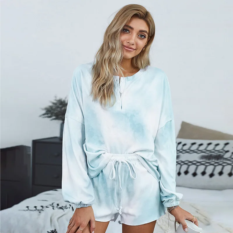 115 New Autumn Women Tie-Dye Button Homewear Pajama Suits Full Sleeve Shorts Sleepwear Soft Skin-Friendly Loungewear Pajamas Set