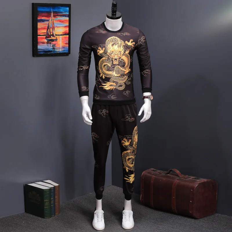 New Autumn 2023 Men Sets Fashion Printing Long Sleeve T-shirt Ankle-Length Pants Two Pieces Sets Casual Mens Tracksuit Plus Size