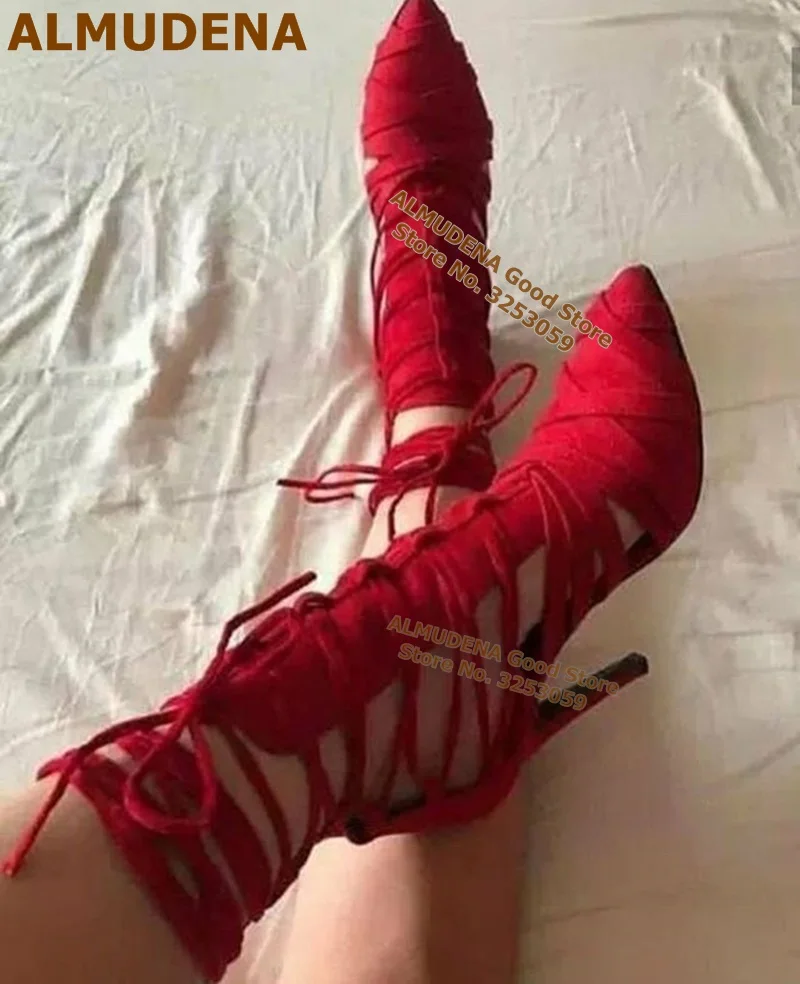 

ALMUDENA Red Black Suede Braided Pumps Stiletto Heels Hollow Out Caged Dress Shoes Cross Strappy Plaited High Heels Size47