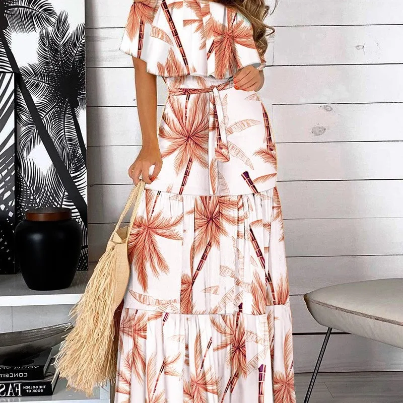 

2021 Top-Selling Product Fashion off-Neck Waist Trimming Printing Short Sleeve Dress Long Skirt