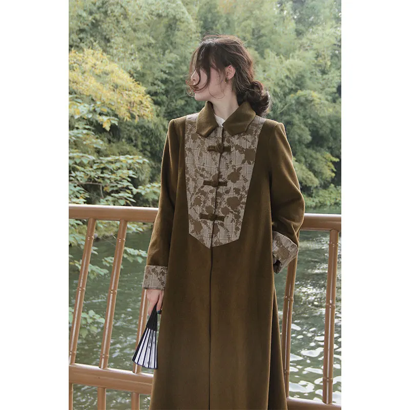 Новое желтое шерстяное пальто в китайском стиле с листочками женское новое