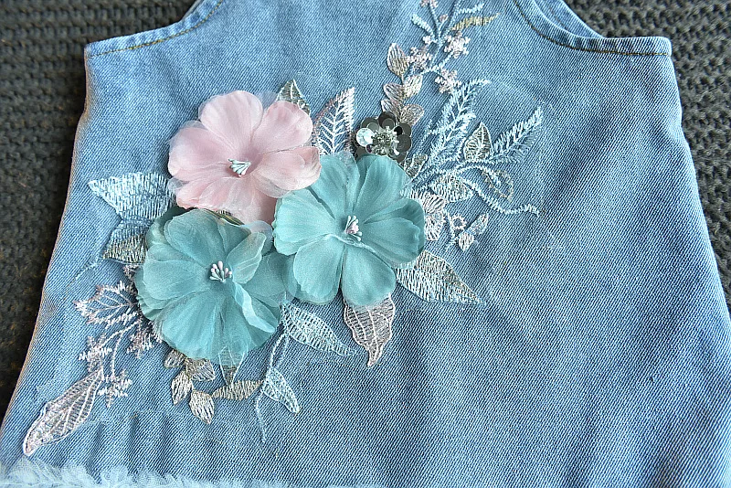 Blotona Little Girls Casual Princess Dress Blue Denim Floral Pattern Square Collar Off-the-shoulder One-piece Sundress 2-7Years | Детская