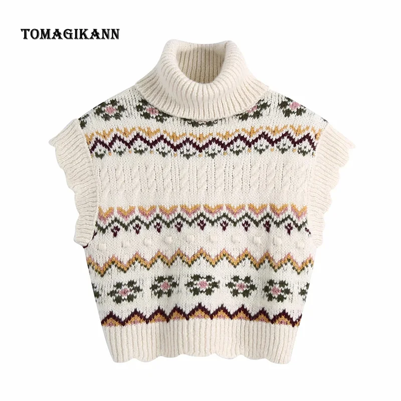 

Women Knitted Vests Turtleneck Floral Jacquard Sweater Tanks 2021 New Spring Fashion Korean Slim Pullover and Tops