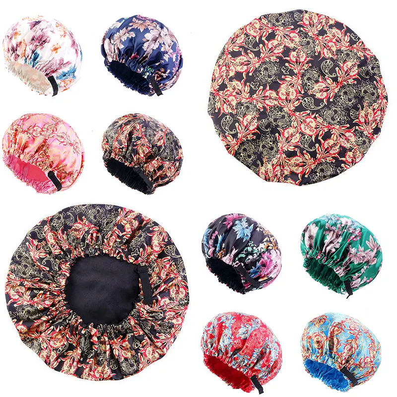 

2021 New Popular Nightcap Adjustable Night Cap Chemotherapy Cap Western Style Double-layer Shower Cap Printing Satin Night Cap