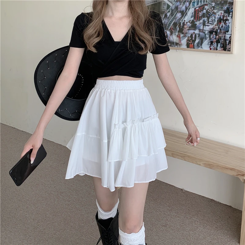 

Design Sense High Waist Thin 2021 New Ins Tide Skirts Women Summer Pure Witty Ruffles Patchwork Skirts Solid Color A-word Skirt