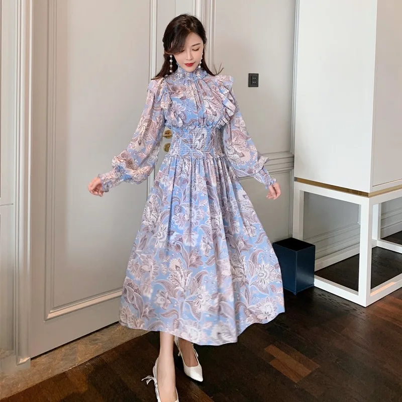 

French Style 2021 Autumn New Chiffon Printed Stand Collar Ruffled Long Sleeve Lantern Sleeve Dress Long Skirt