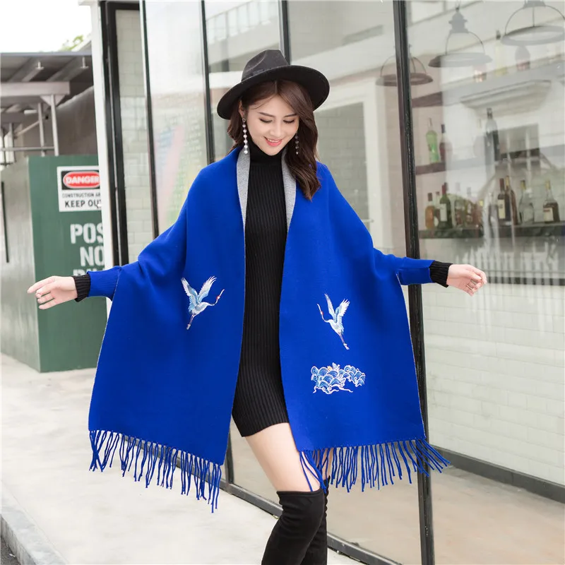 

New Women Scarf Shawl Embroider Red-crowned crane Warm Tassels Poncho With Sleeve Winter Scarf Cape For Women Thick Cloak