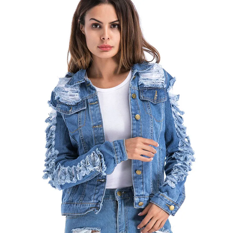Женская джинсовая куртка большого размера 5XL с отрывными дырками весна осень 2020