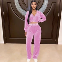 spring winter velvet two piece pant set womens tracksuit retro women full sleeve hooded crop jackets and wide leg trouser suits