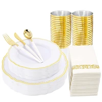 70 disposable tableware white plastic plate with gold rim and plastic cutlery white napkin set suitable for weddings and parties