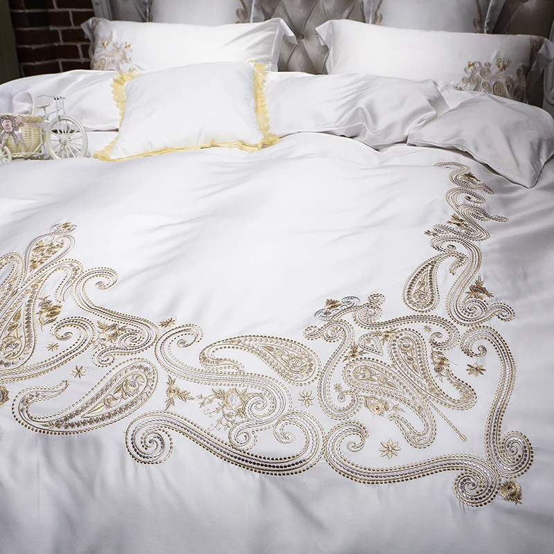 Роскошный набор для спальни с вышивкой 4/6 штук Шелковый комплект постельного