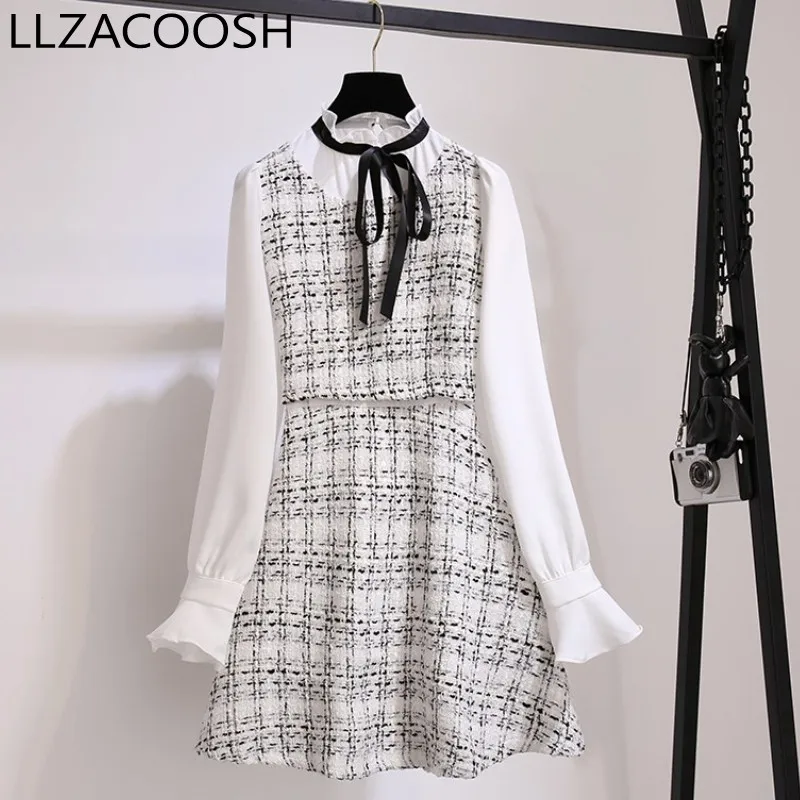 Женское твидовое платье в клетку модельное шифоновое стиле пэчворк с длинным